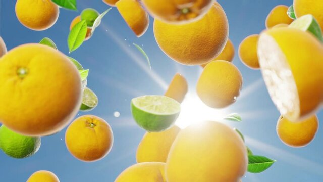 Fresh citrus oranges and limes falling down from sky in a sunny day endless loop backdrop slow-motion  
