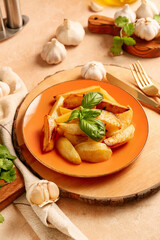 Plate of tasty baked potatoes with garlic on table