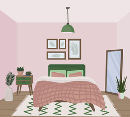 bedroom interior in pink and green colors. Cartoon interior. A cozy room with a mirror, paintings, a bed, a nightstand, flowers in pots and vases, a carpet in the Scandinavian style.