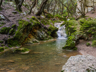 waterfall of Salt d'es Freu, a hiking area with waterfall near the village of  Bunyola on the balearic island of mallorca, spain