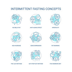 Intermittent fasting blue concept icons set. No belly fat. Anti-aging effect. Gene expression. Diet idea thin line RGB color illustrations. Vector isolated outline drawings. Editable stroke
