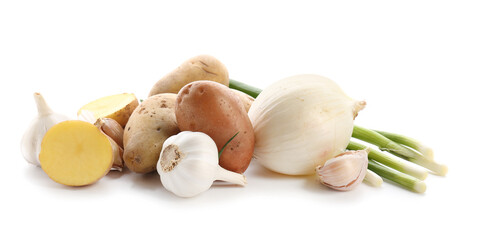 Raw potato, onion and garlic on white background