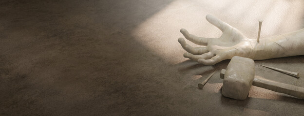 Hand of Christ Nailed Symbolic of Crucifixion. Easter Copy Space Banner 3D Rendering - 419653173