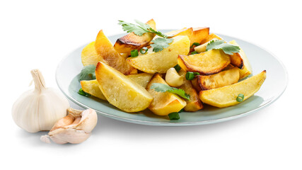 Plate of tasty baked potato with garlic on white background