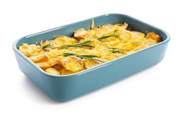 Baking dish of tasty potato with garlic on white background