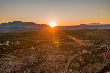 Aerial drone shot of sunrise over Mountain Srd in Dubrovnik in Croatia summer morning