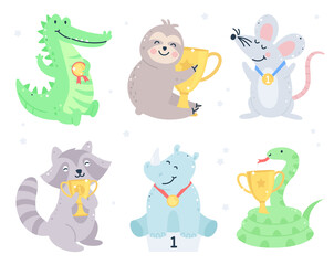 Set of animals with gold medals and cups.