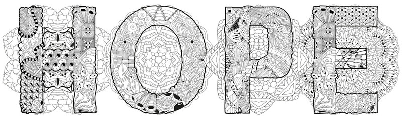 Word HOPE with mandalas. Vector decorative zentangle object for coloring