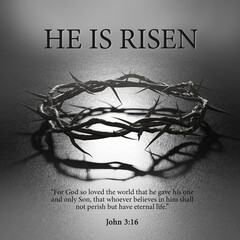 He is Risen. Easter Poster Design Crown of Thorns Symbol of Crucifixion Dark Backlight 3D Rendering - 419654152