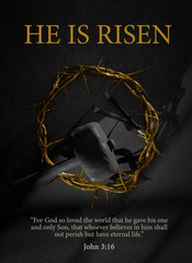 He is Risen. Easter Poster Design Jesus Christ Crown of Thorns Nails and Hammer Symbol of Resurrection 3D Rendering - 419654153