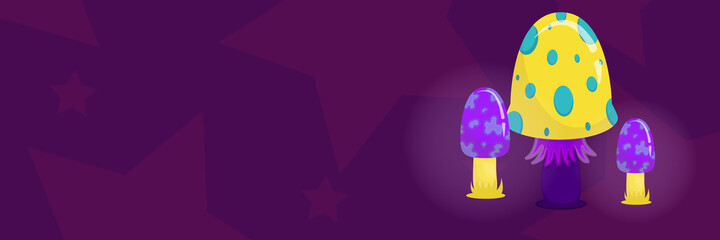 A banner of magical fantastic mushrooms in cartoon style on a dark background. A variety of mushrooms of purple and yellow colors. Vector illustration
