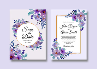Wedding invitation card set with purple floral watercolor