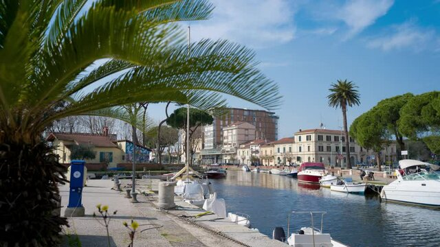 Viareggio, Italy - Dock and port of Viareggio (Tuscany) on the coast of the Tyrrhenian Sea. Beside famous carnival, Viareggio represents main luxury yachts producer SLIDER CINEMA RAW FOOTAGE
