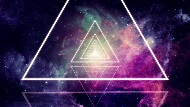 Abstract Triangle Neon Glow with Nebula Background Loop. Futuristic VJ motion graphics, club concert with projection mapping and high tech background seamless loop .