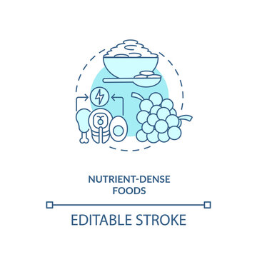 Nutrient Dense Foods Blue Concept Icon. Healthy Diet. Weight Loss. Improve Metabolism. Intermittent Fasting Idea Thin Line Illustration. Vector Isolated Outline RGB Color Drawing. Editable Stroke