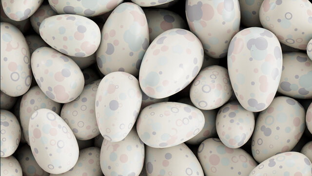 Multicolored, Easter Egg background. Beautiful White, and Pastel Eggs with Spotted, Circle and Ring patterns. 3D Render