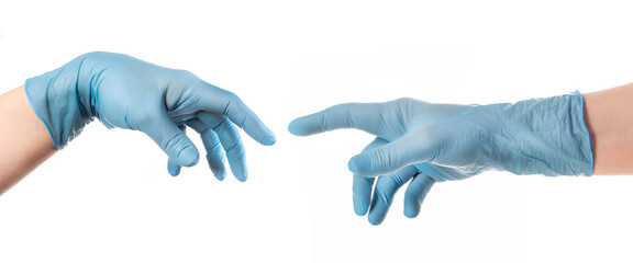 Hands with blue glove based on Michelangelo s painting of God creating man