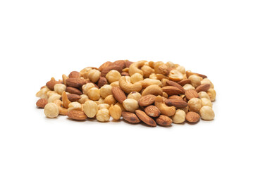 Mix of nuts isolated on white background. Top view.