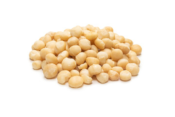 Macadamia nuts isolated on white background.