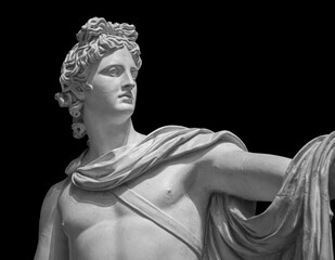 God Apollo bust sculpture. Ancient Greek god of Sun and Poetry Plaster copy of a marble statue isolated on black