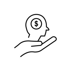 Hand line icon with head and dollar. Business idea. Idea generation process. Editable stroke. Simple illustration mobile concept and web design. Design template vector