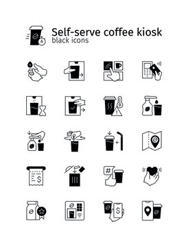 Self-serve coffee kiosk black icon set