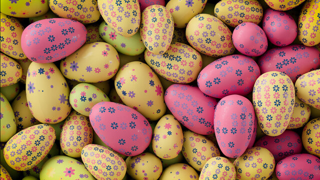 Multicolored, Easter Egg background. Beautiful Yellow, Pink and Navy Eggs with Floral patterns. 3D Render