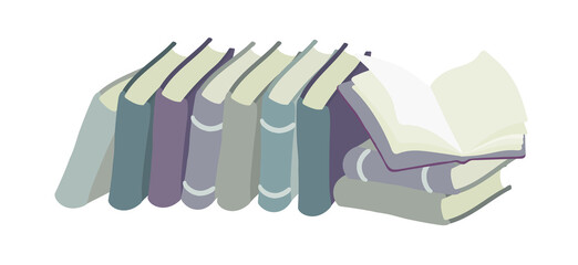 Open book and stack of books outline vector illustration. Study books.