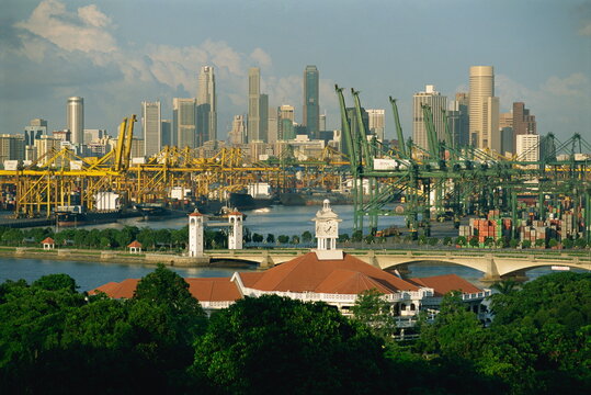 The city skyline and the world's busiest container port from Sentosa Island, Singapore