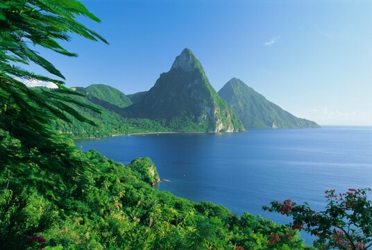 Volcanic peaks of the Pitons, Soufriere Bay, St. Lucia, Caribbean, West Indies