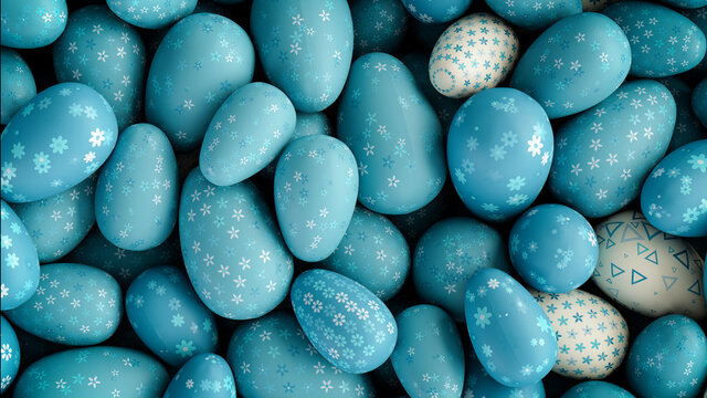 Multicolored, Easter Egg background. Beautiful Blue, and White Eggs with Floral, and Triangle patterns. 3D Render