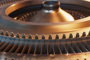 Turbine generator rotor with blades and discs, interior view.