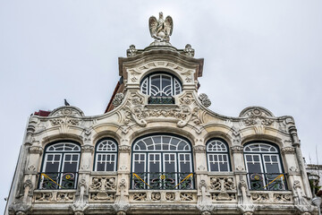 Fragments design of beautiful ancient buildings in Art Nouveau style. Aveiro, Beira Litoral, Portugal.