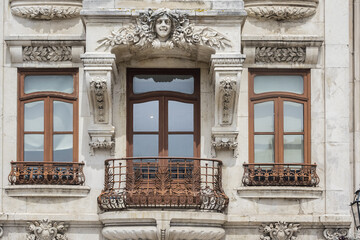 Fototapeta na wymiar Fragments design of beautiful ancient buildings in Art Nouveau style. Aveiro, Beira Litoral, Portugal.