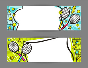 Bright pop art banners for Tennis with rackets, balls, net and stars. Cartoon text frame on a ray background. Comic Template for web design, banners, cards, coupons and posters. Vector illustration