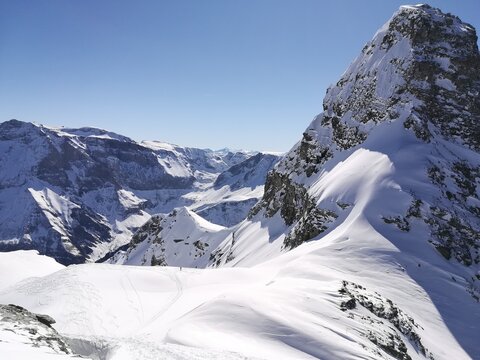 winter landscape picture from the chaerpf in the glarus mountains. Skimo, ski mountaineering. Sunny Day
