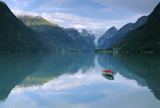 Tranquil scene near Olden, Oldevatnet Lake, Western Fjords, Norway