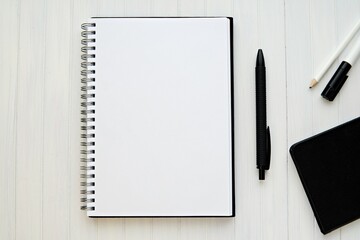Blank spiral notebook planner mockup for text or design presentation, black and white office...