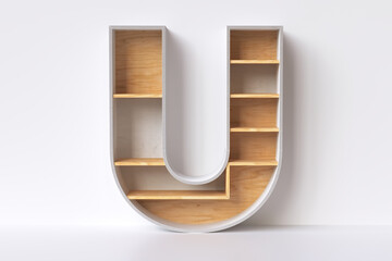 3D wood letter “U” in the shape of a shelving unit. Interior design diy concept. 3D illustration.