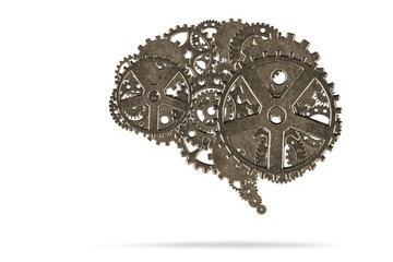 Human brain with metallic gears on white background - 419661164