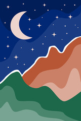 Obraz premium Abstract landscape modern background with mountains, forest, moon and star. Mid century modern minimalist art print. Scandinavian poster design in pastel colors. Vertical template boho illustration.