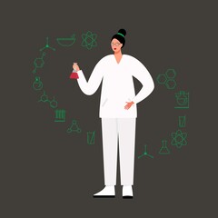 Girl scientist chemist, stands with a beaker in her hands, surrounded by symbols of chemistry