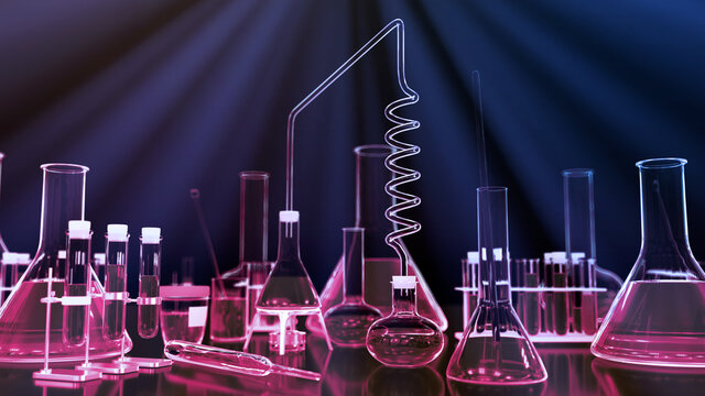 laboratory test tubes and other various glassware with light rays - cosmetology concept or biology background, 3D illustration of objects