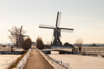 Windmills in the winter, near the small village of Streefkerk, in Holland. 