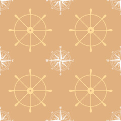 Seamless background. Ship rudders with wind rose or sea compass. Marine theme.