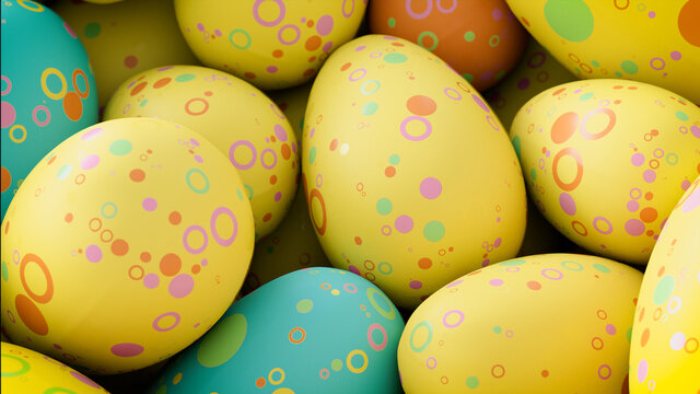 Multicolored, Easter Egg background. Beautiful Yellow, Aqua and Orange Eggs with Circle and Ring patterns. 3D Render