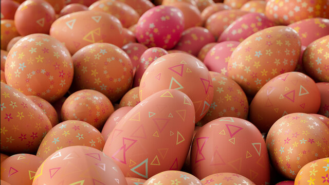 Multicolored, Easter Egg background. Beautiful Orange, and Red Eggs with Floral, and Triangle patterns. 3D Render