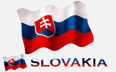 Slovakian flag illustration with fabric texture and SLOVAKIA text in White space. Slovak emblem flag icon with text for copy space