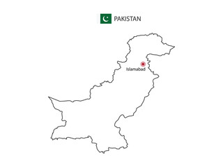 Hand draw thin black line vector of Pakistan Map with capital city Islamabad on white background.