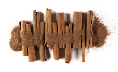 Cinnamon sticks with powder isolated on white background, top view